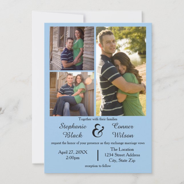 3 Photos Blue - Wedding Invitation (Front)