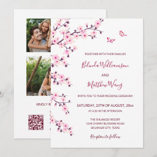 3 Photos Cherry Blossoms Pink White Wedding Invitation