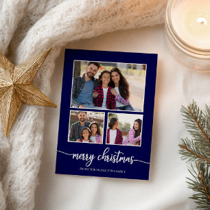 3 Photos Collage Cute Script Merry Christmas Blue Postcard