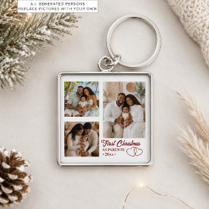 3 Photos Collage First Christmas as Parents Key Ring