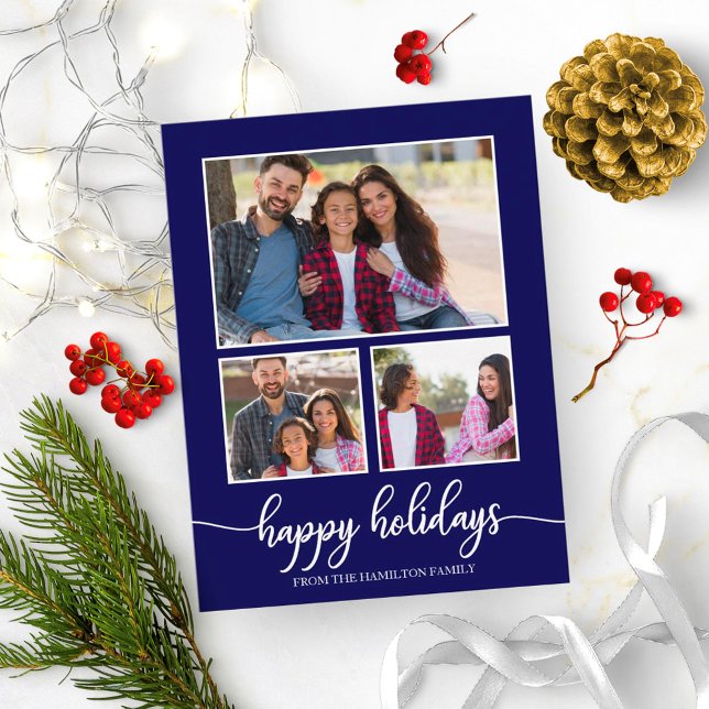 3 Photos Collage Happy Holidays Modern Navy Blue Postcard (Creator Uploaded)