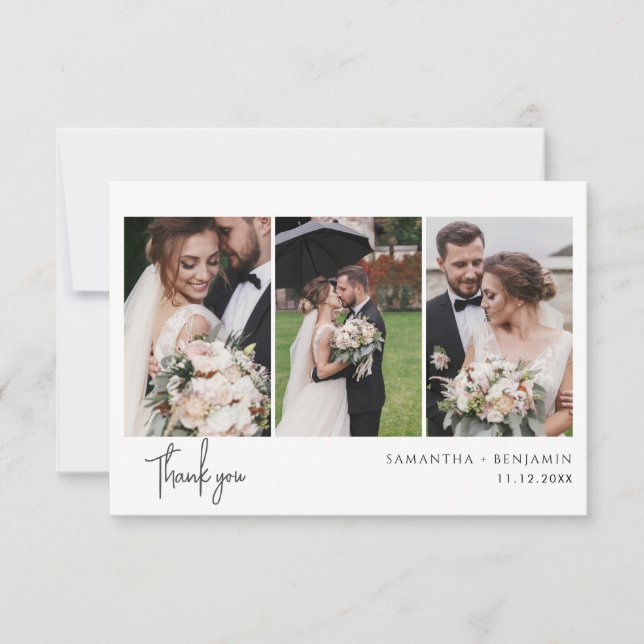 3 Photos Cursive Script Wedding Thank You Card (Front)