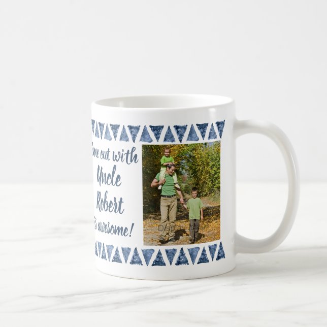 3 Photos & Custom Typography - Blue Border Uncle Coffee Mug (Right)