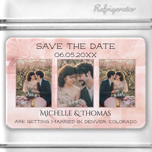 3 Photos Geometric Floral Blush Save the Date Magnet (Save the Date magnet featuring your photos on an abstract floral design in peach and blush pink.)