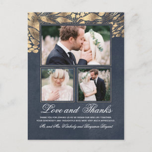 3 Photos Gold and Navy Wedding Thank You Postcard