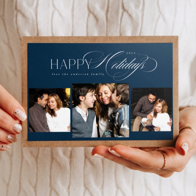 3 photos Happy Holidays Script Blue Christmas Card (Creator Uploaded)