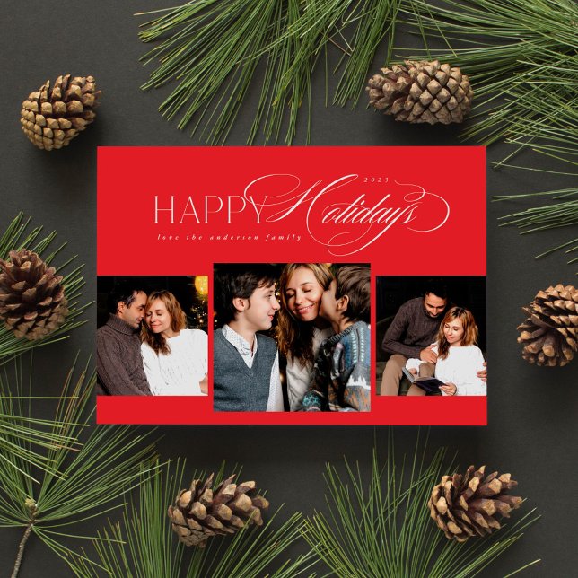 3 photos Happy Holidays Script Red Christmas Card (Creator Uploaded)