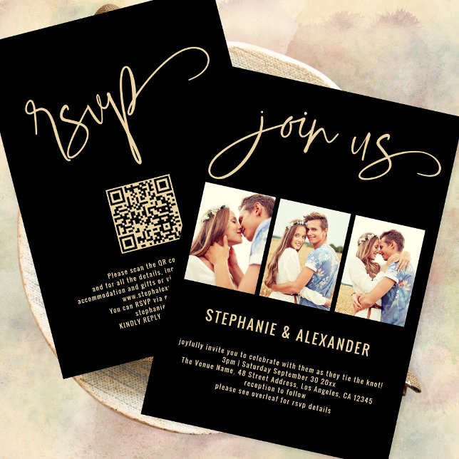 3 Photos Join Us Script Wedding Gold Black Invitation (Front and back view)
