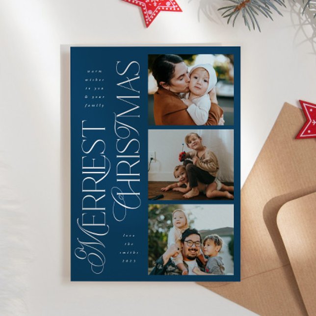 3 Photos Merriest Christmas Blue Holiday Card (Creator Uploaded)