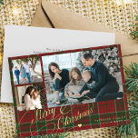 3 photos Merry Christmas elegant script red plaid  Holiday Card<br><div class="desc">Elegant stylish Merry Christmas faux gold classic calligraphy script three family photos red green plaid tartan rustic holiday card with your custom personalised text on both sides.</div>