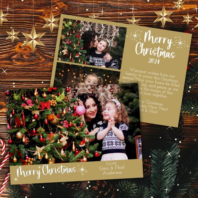 3 Photos Merry Christmas Modern Script Gold Holiday Card (Creator Uploaded)