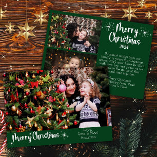 3 Photos Merry Christmas Modern Script Green Holiday Card