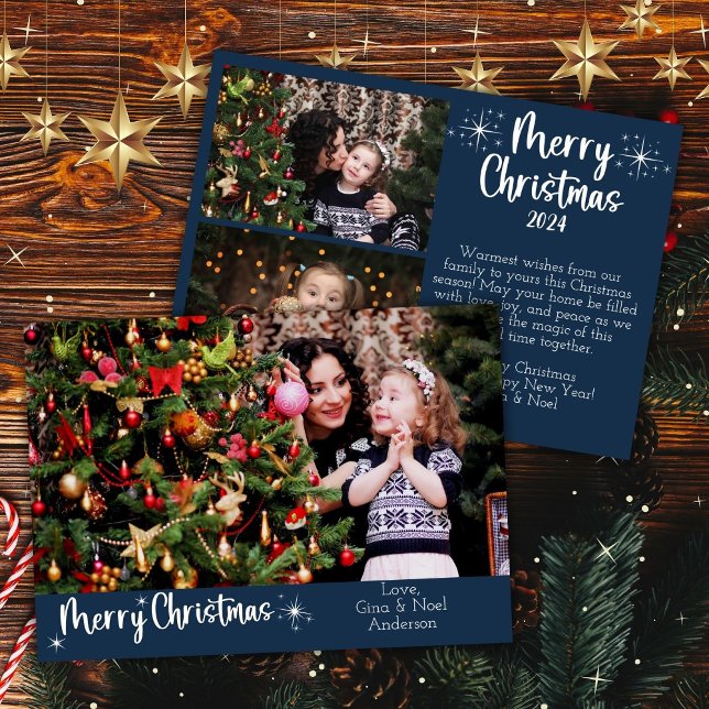 3 Photos Merry Christmas Modern Script Navy Blue Holiday Card (Creator Uploaded)