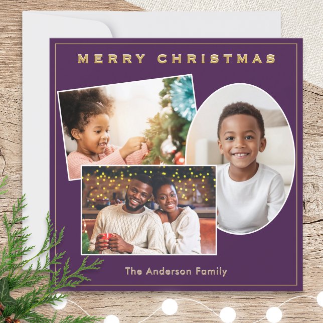 3 Photos Purple & Faux Gold Custom Name Christmas Holiday Card (A purple Christmas card to personalize with 3 photos and a name)