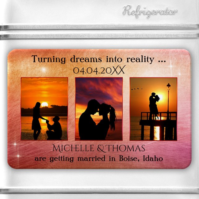 3 Photos Romantic Colourful Save the Date Magnet (Save the Date magnet featuring 3 of your own photos framed by a metallic colorful design.)