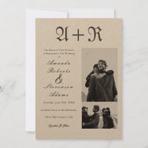 3 Photos Rustic Black Typography Monogram Wedding Invitation