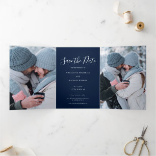 3 Photos Script Wedding Save the Date Tri-Fold Announcement