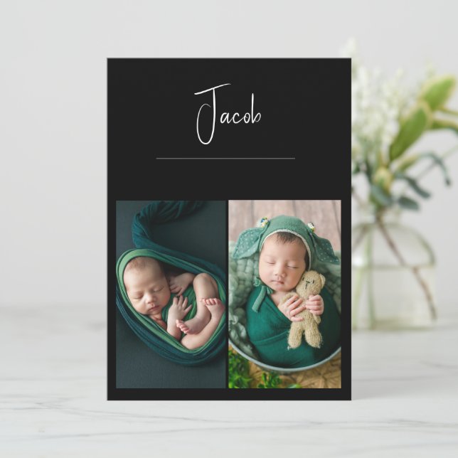 3 Photos Simple Baby Black Birth Announcement (Standing Front)