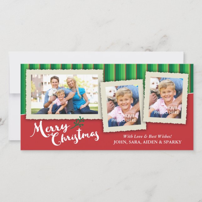 3 Picture Frames on Striped Background, Christmas Holiday Card (Front)