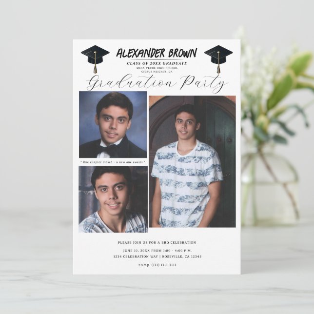 3 Picture Photos Modern Minimal Graduation BBQ  Invitation (Standing Front)