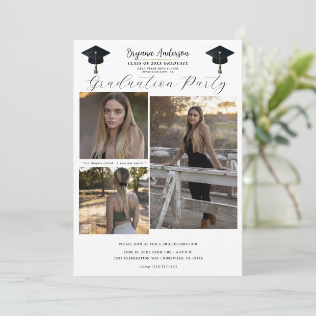 3 Picture Photos Modern Minimal Graduation BBQ  Invitation (Standing Front)