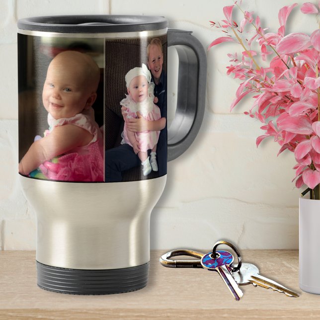 3 Pictures Personalised Travel Mugs or Regular Mug (Photo Travel Mug with Handle. Thermo-temp stainless steel photo travel mug. Gift for Gramma. Bulk)