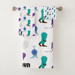 3 piece towel set with a parade of silly monsters