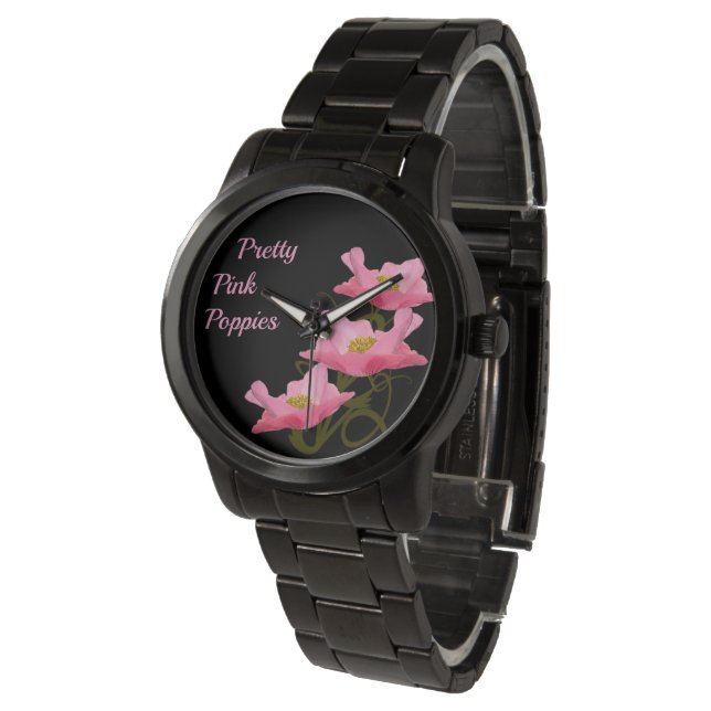 3 Pink Poppy Flowers Numberless Custom Girly Watch (Angled)