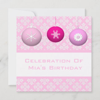 3 Pink Snowflake-Flower Ornaments Invitation