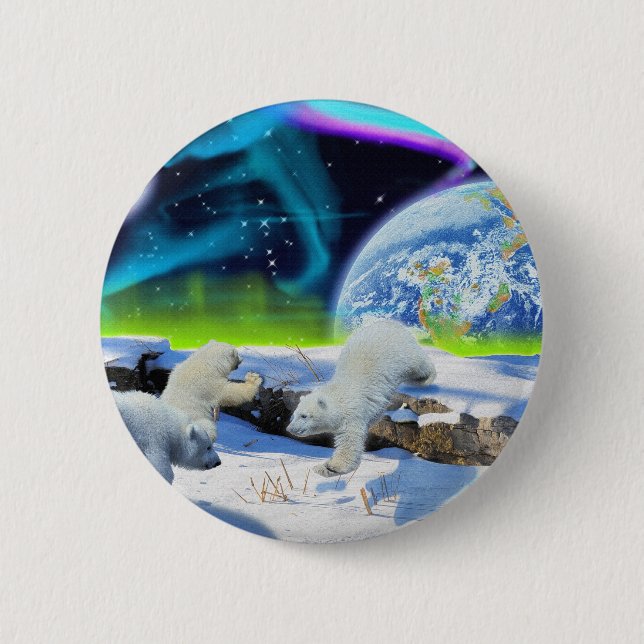 3 Polar Bear Cubs Playing in Snow - Earth Day Art 6 Cm Round Badge (Front)