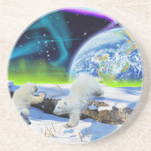 3 Polar Bear Cubs Playing in Snow - Earth Day Art Coaster
