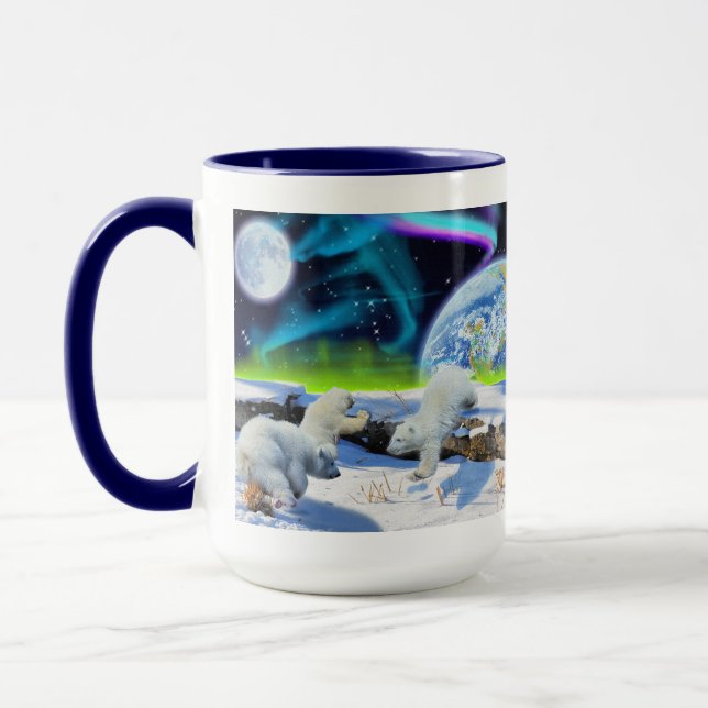 3 Polar Bear Cubs Playing in Snow - Earth Day Art Mug (Left)