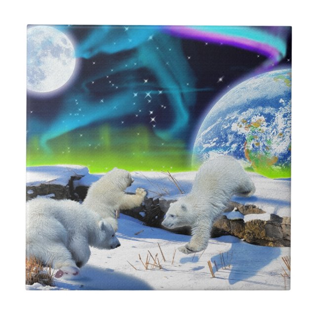 3 Polar Bear Cubs Playing in Snow - Earth Day Art Tile (Front)