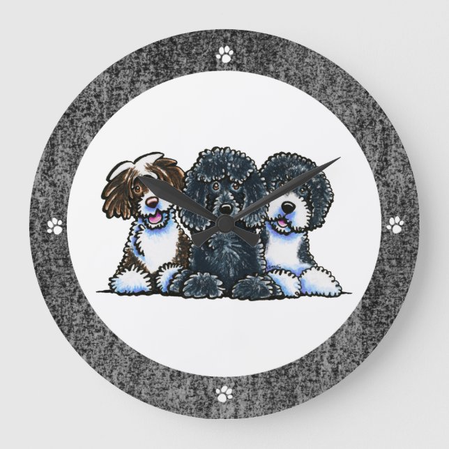 3 Portuguese Water Dogs Large Clock (Front)