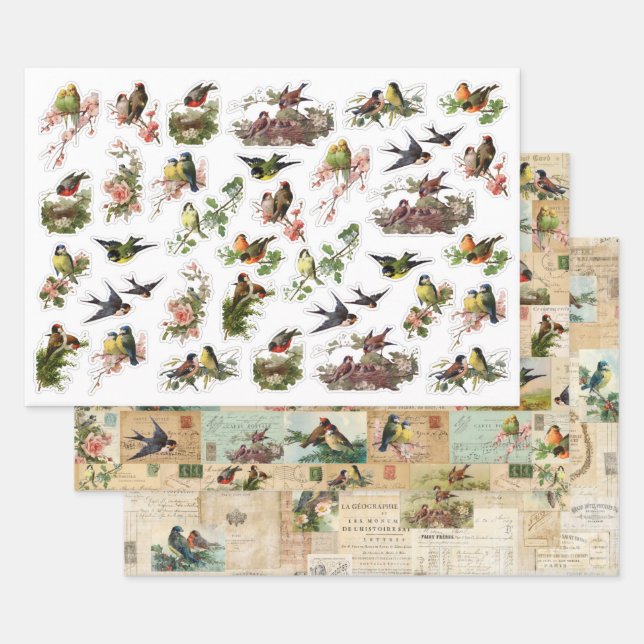 3 Pretty Birds Collage Ephemera Sheets (Set)