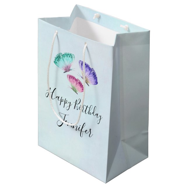 3 Pretty Pastel Watercolor Butterflies Birthday Medium Gift Bag (Front Angled)