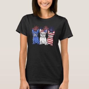 3 Pug Dogs Wear Bow Firework American Flag T-Shirt