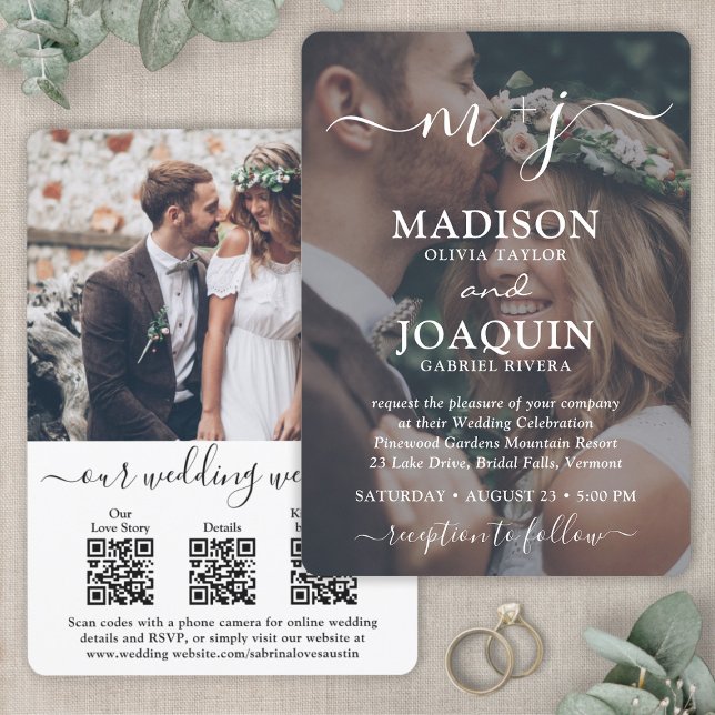 3 QR Codes All-In-One Monogrammed Photo Wedding Invitation (Creator Uploaded)