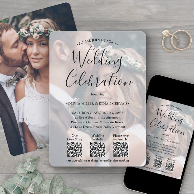 3 QR Codes Simple Photo Overlay All-In-One Wedding Invitation (Creator Uploaded)