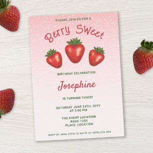 3 Red Strawberries On Pink Berry Sweet Birthday Invitation