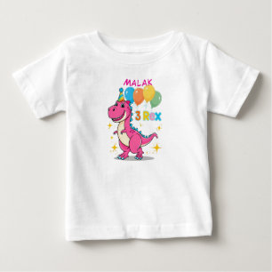 3 Rex Dinosaur Birthday Celebration Pink Baby T-Shirt