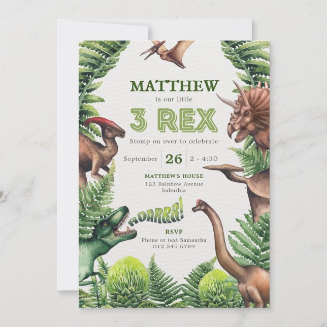 3-Rex Watercolor T-Rex & Dinosaurs Kids' Birthday Invitation (Front)