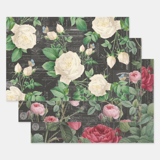 3 Rose Charcoal Collage Ephemera Sheets (Set)