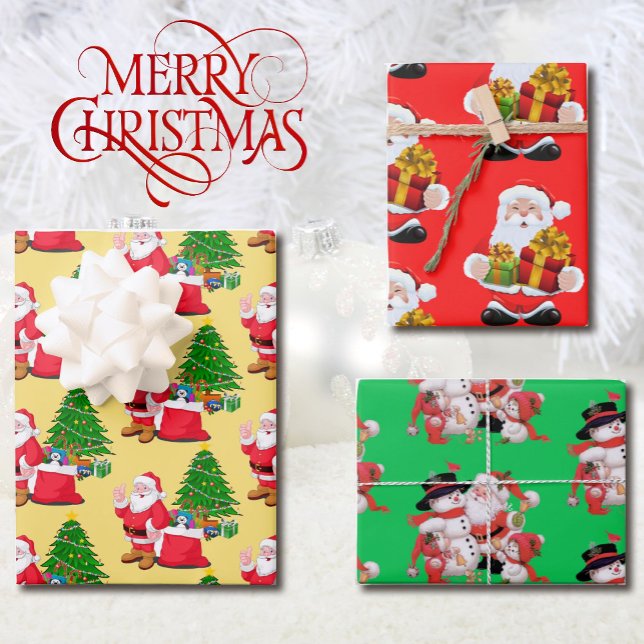 3 Santa Claus Red Green Background Pretty Gift Wrapping Paper Sheet (Creator Uploaded)