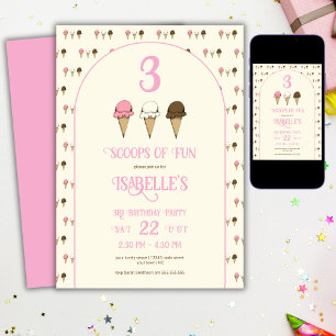 3 Scoops of Fun 3rd Birthday Ice Cream Party  Invitation