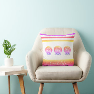 3 seashells beach life purple yellow ombre script cushion