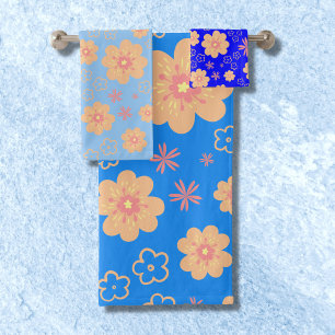 3 Set Blue Orange Floral Pattern Bath Towels