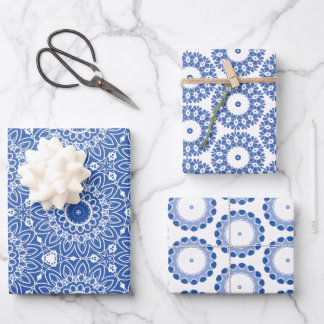 3 sheets of blue and white design circle patterns