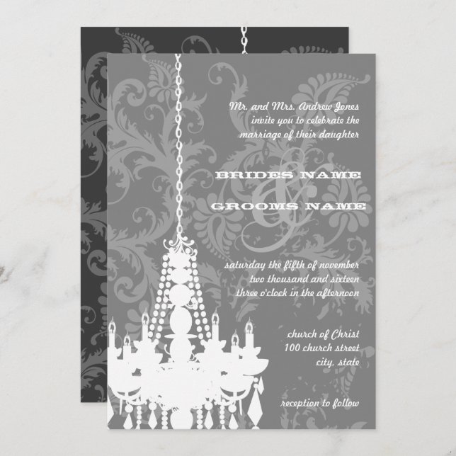 3 Silver & Grey Chandeliers Damask Wedding Invite (Front/Back)