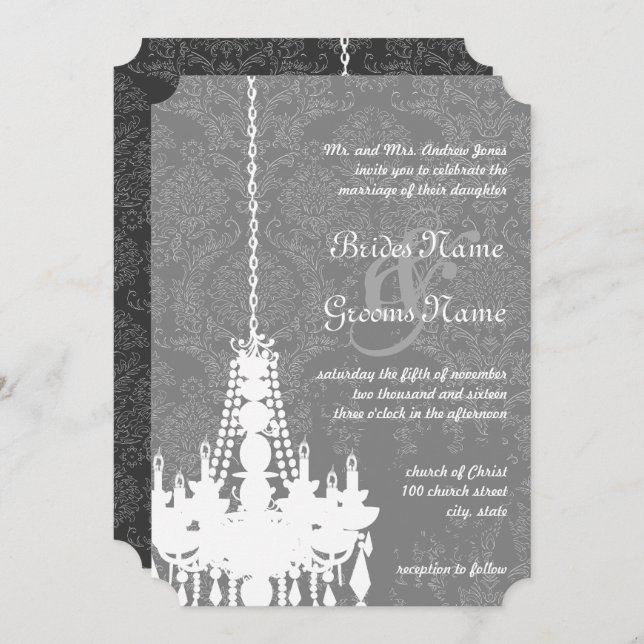 3 Silver & Grey Chandeliers Damask Wedding Invite (Front/Back)